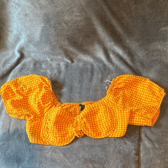 Wild Fable Yellow Check Puff Sleeve Crop Top - Picture 2 of 6